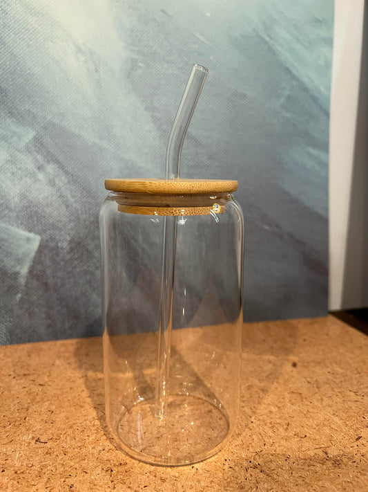 16oz Glass Cup w/Glass Straw